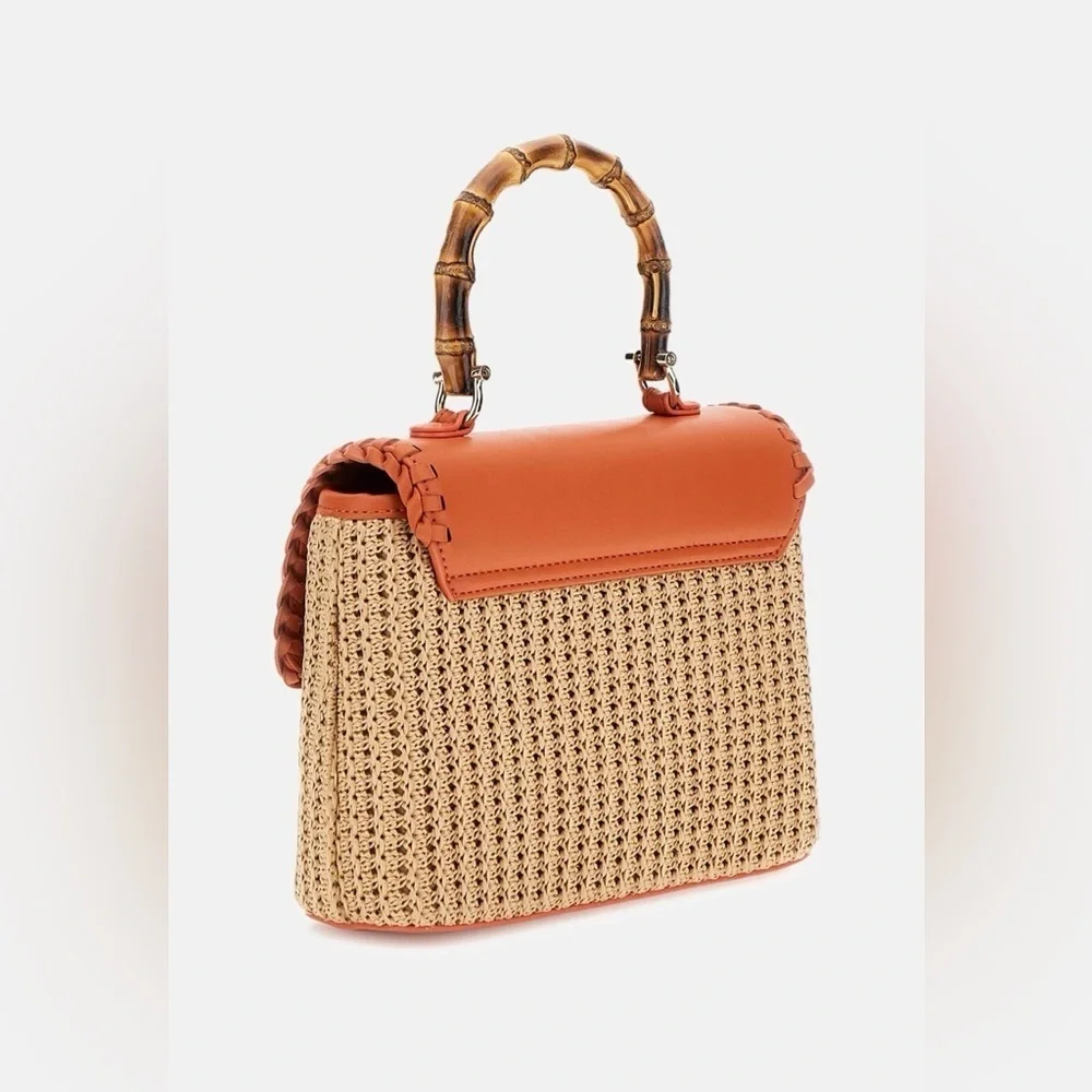 New GUESS Orange and Tan Satchel with Woven Design
